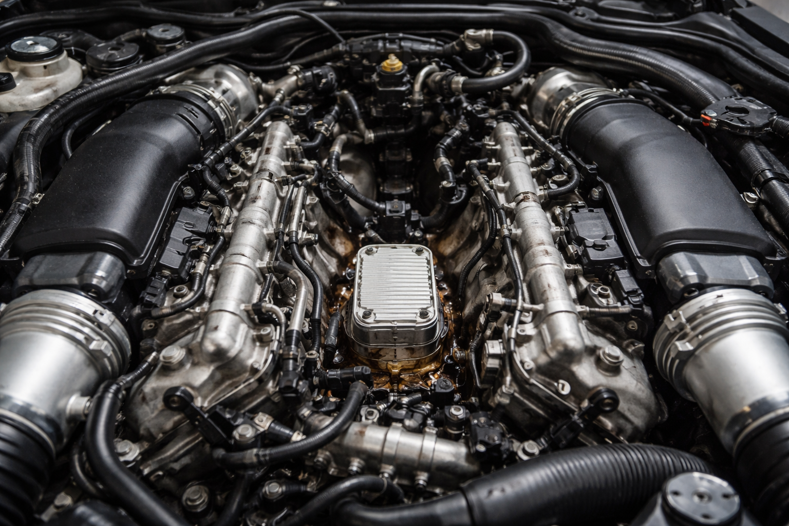 Mercedes-Benz OM642 3.0 V6 CDI diesel engine - the oil cooler sits in the centre V beneath the intake manifolds where its seals leak
