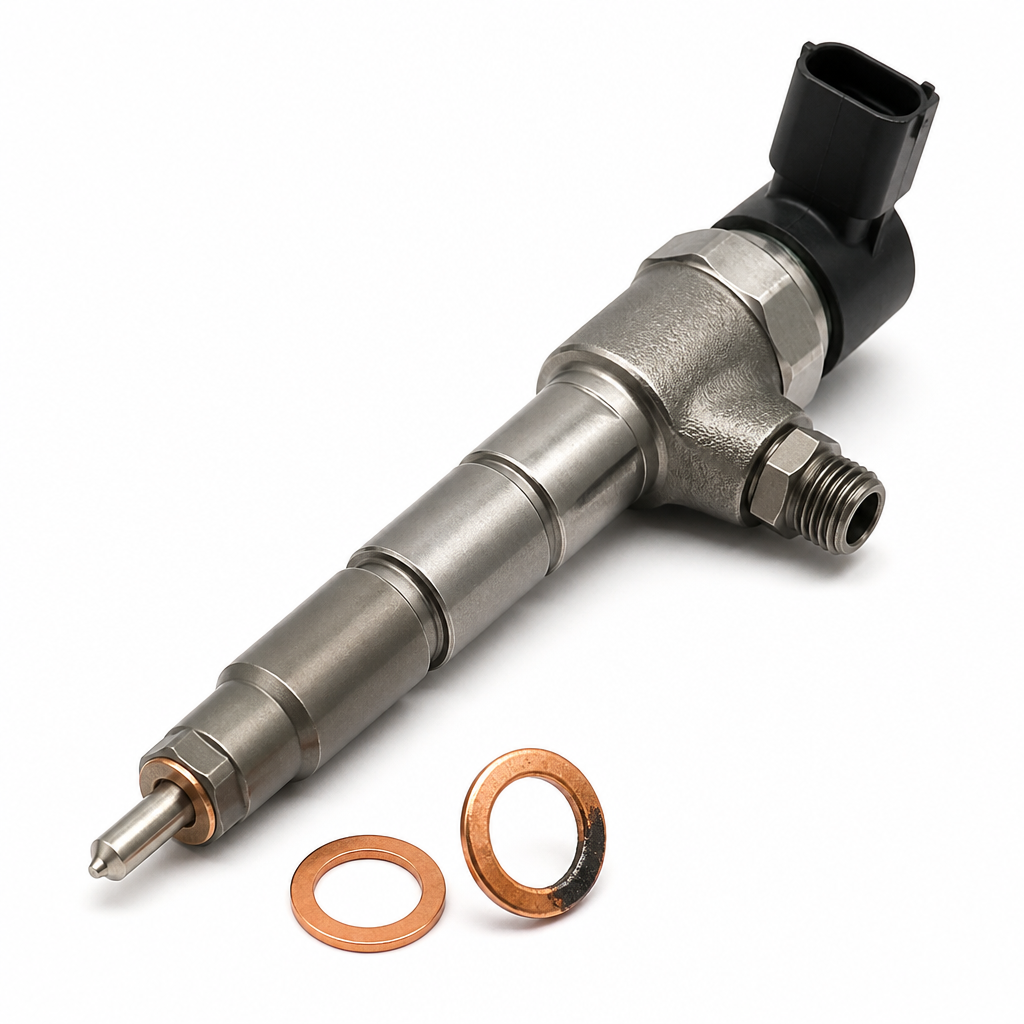 A common-rail diesel injector with two copper sealing washers, one of them scorched and blackened around part of its circumference