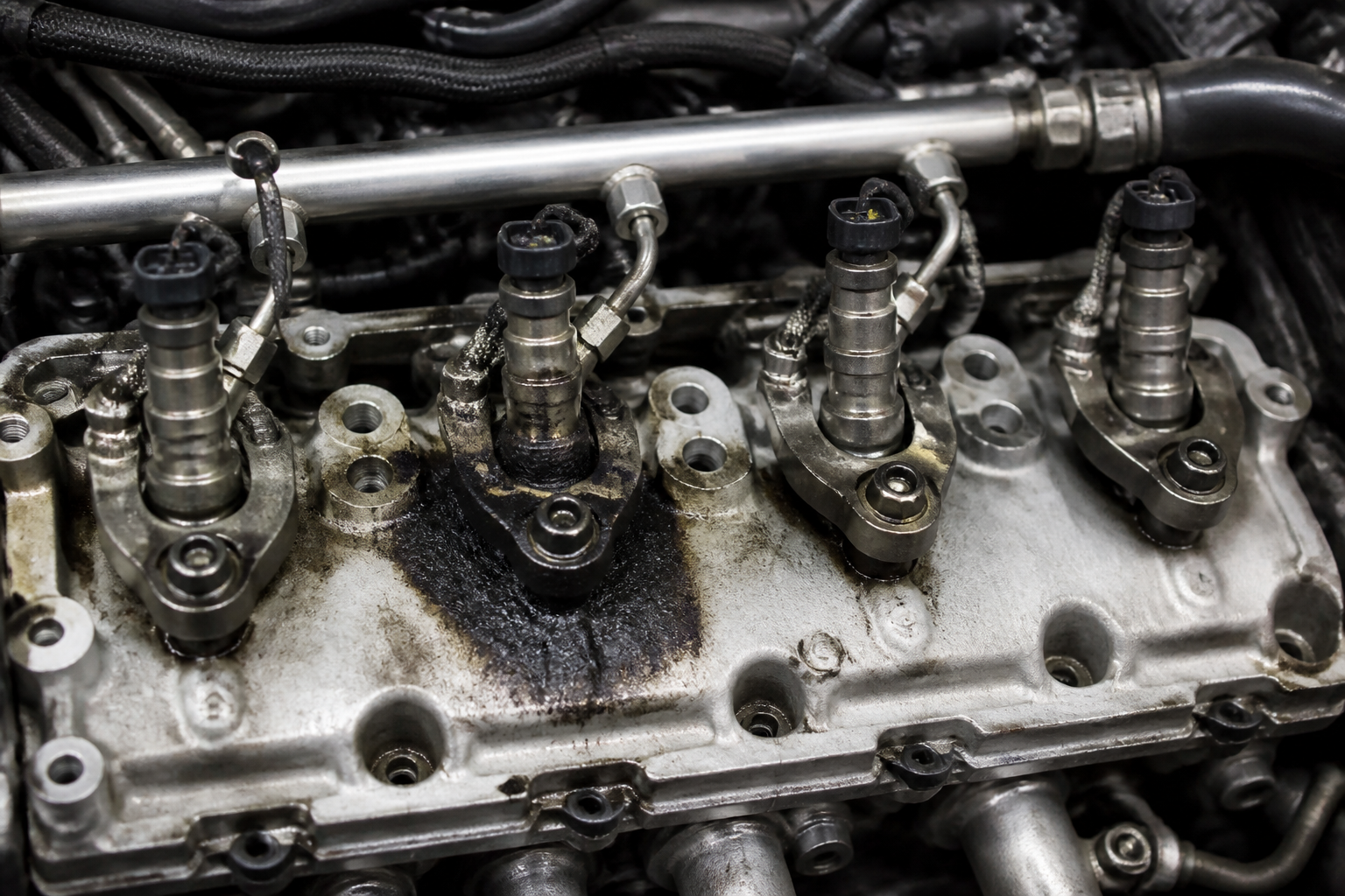 Four common-rail diesel injectors in a cylinder head with hard black carbon built up around the base of one of them - the classic sign of a failed injector sealing washer