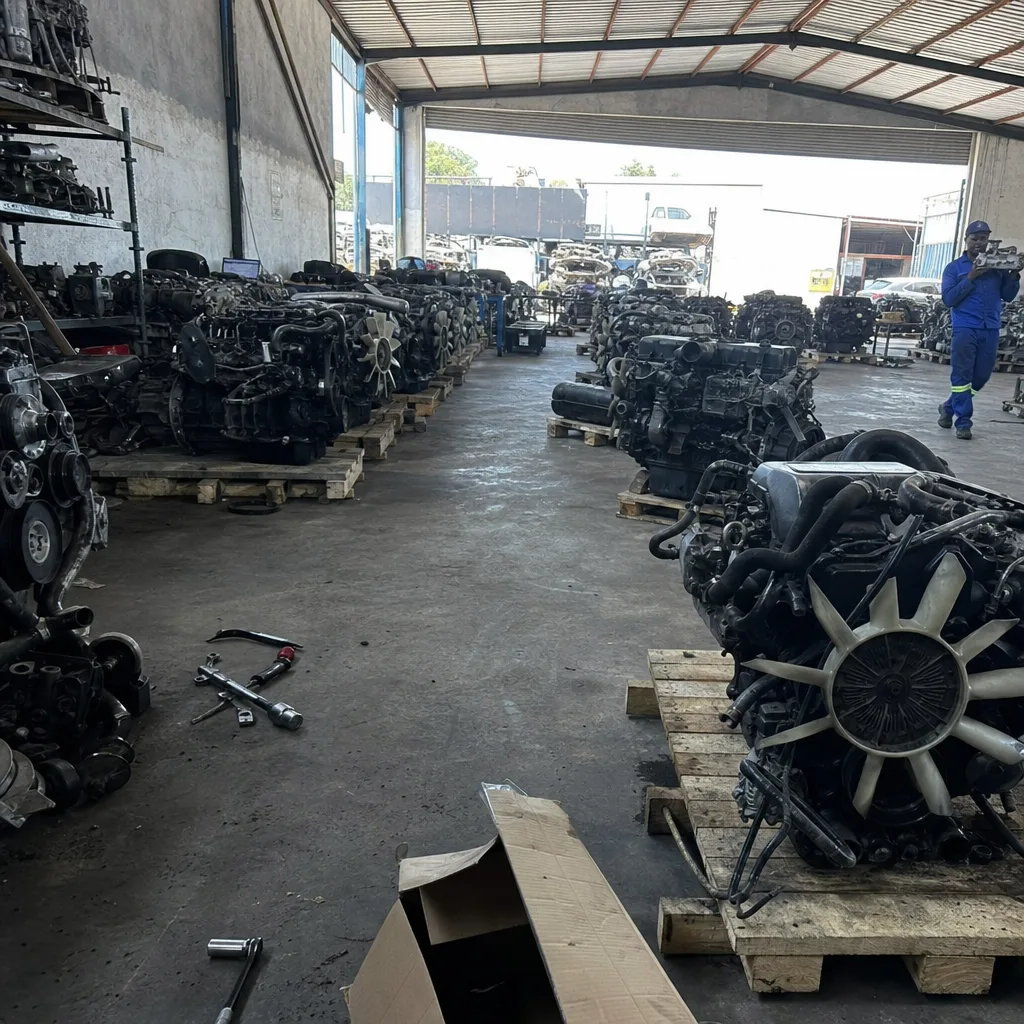 Rows of stripped Mercedes-Benz engines on wooden pallets inside the Centurion workshop yard