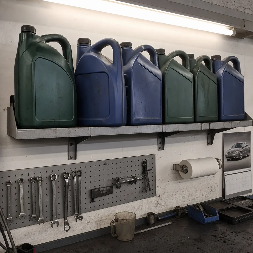 Row of 5-litre engine oil bottles on a workshop shelf with toolboards behind